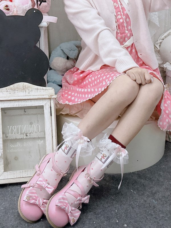 Pink Lolita Polka-dot Pattern Bowknot Details Lace Ruffled Cuffs Calf Socks With Pearls
