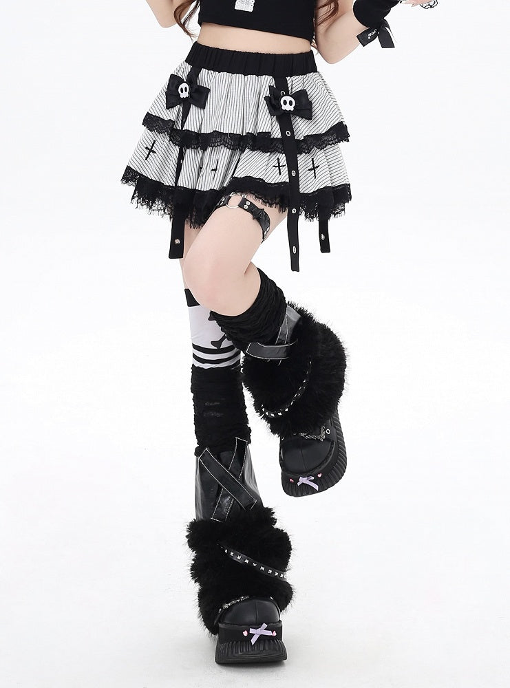White Stripes Lace Trim Punk Lined Tiered Skirt with Skeleton Bow Clips