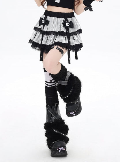White Stripes Lace Trim Punk Lined Tiered Skirt with Skeleton Bow Clips