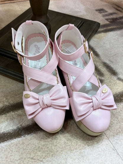 Sweet Lolita Pink Platforms with PU Leather, Wood Pattern Sole & Crisscross Details