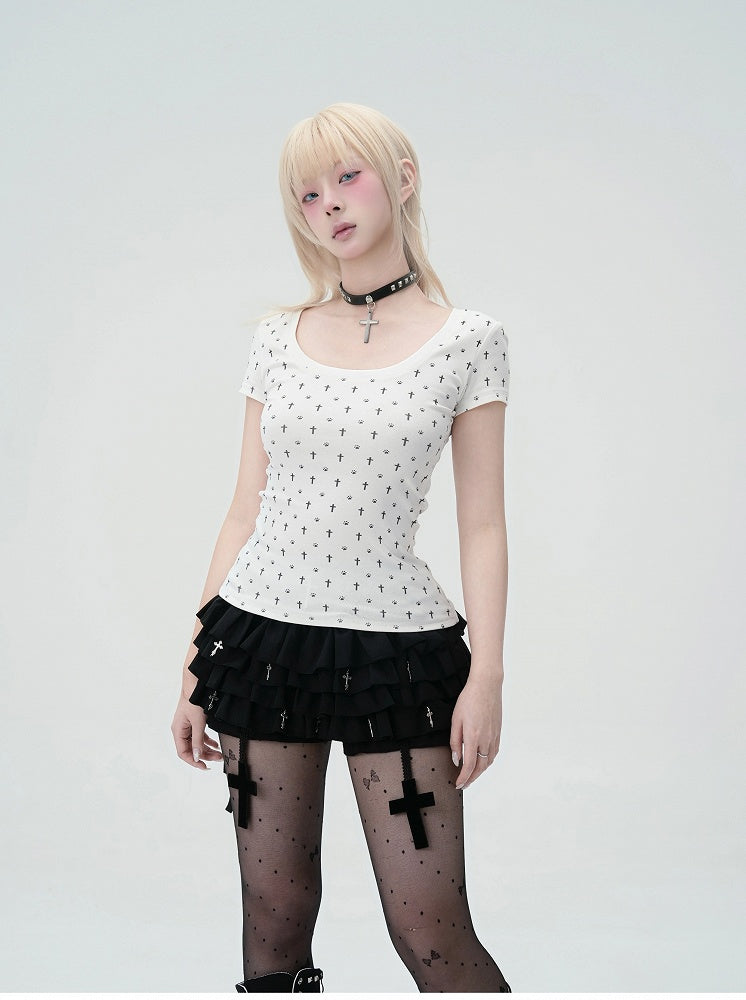 Pastel Gothic White Allover Cross and Cat Paw Print Cat Ears Detail at Back T-Shirt