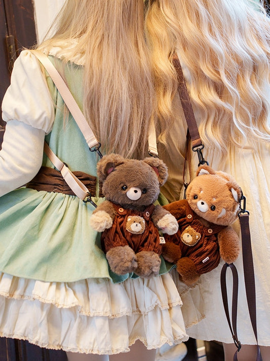 Brown Cute Plush Red Panda Backpack + Overall Pants Middle/Large Size