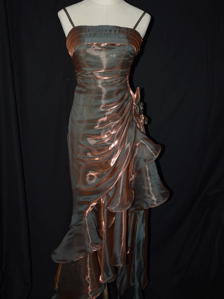 Khaki Vintage Floral Dress Asymmetrical Hem Prom Gown