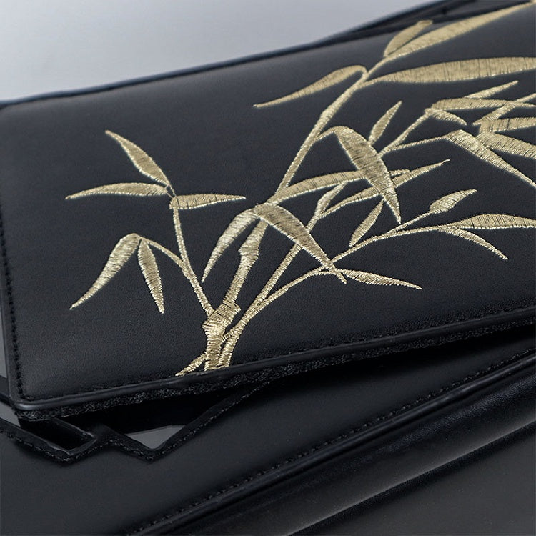 Black Embroidered Bamboo Leaf Cheongsam Style Ita Shoulder Bag with Fringe Charm