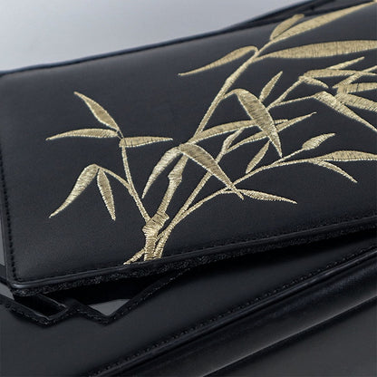 Black Embroidered Bamboo Leaf Cheongsam Style Ita Shoulder Bag with Fringe Charm
