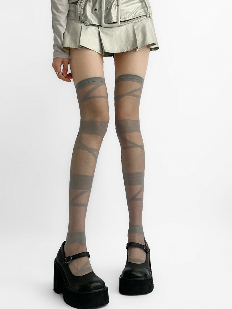 Gray/White/Black/Beige Y2K Crisscorss Banded Over-knee Stockings