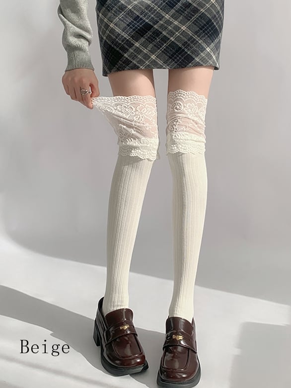 White/Black/Dark Gray/Beige/Light Gray Lace Trim Knitted Over-knee Stockings