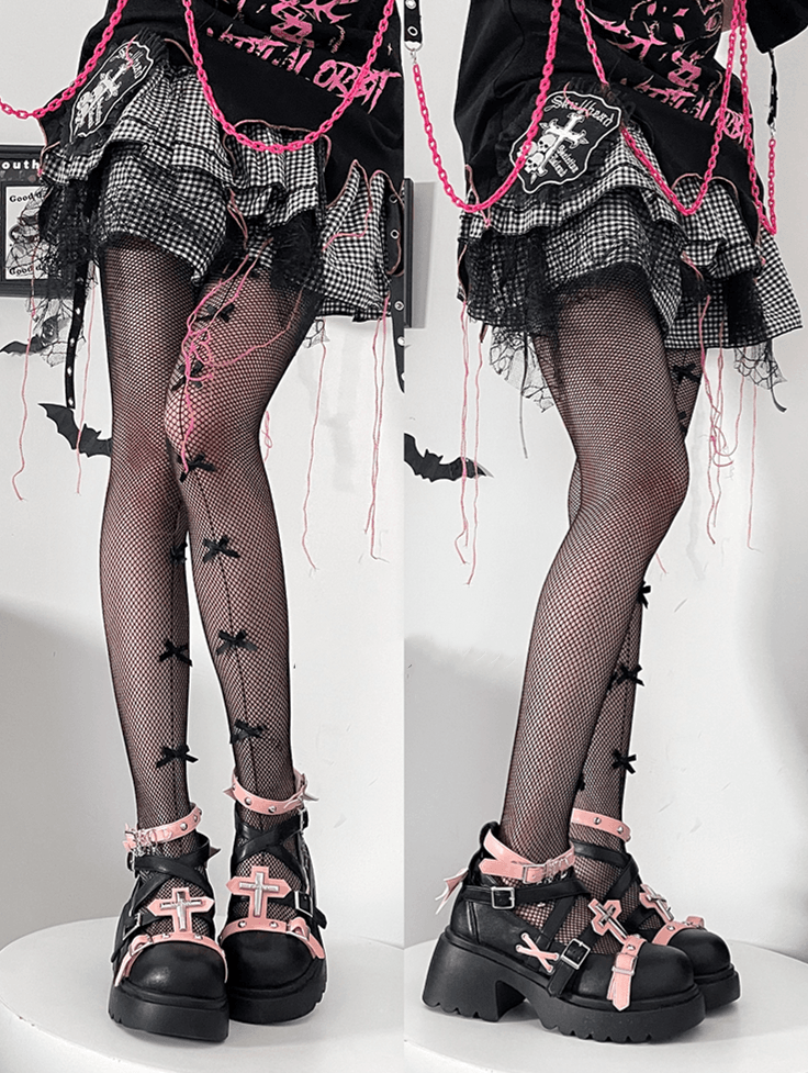 Silver-tone Studs Cross Black and Pink Platform Chunky Heels Punk Shoes