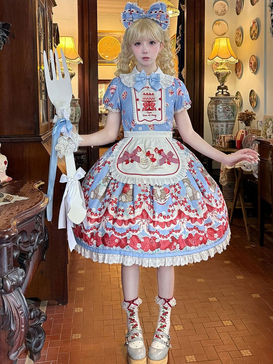 Strawberry and Bunny Print Blue Cottagecore Country Lolita One Piece Strawberry Cake Embroidery Front