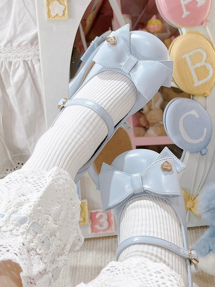 Bow at Top Blue Round Toe 3cm Heel Sweet Mary Janes