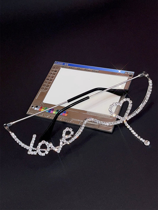 Silver Punk Rhinestone Letter And Heart Dcorated Eyeglasses Frame