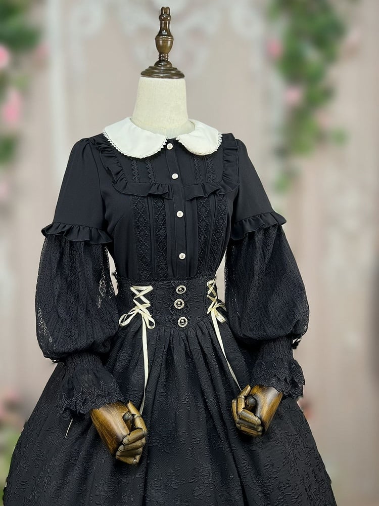 Black Peter Pan Collar Vintage Shirt Long Bollon Sleeves Top