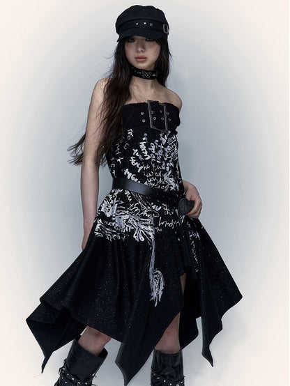 Lace-up Detail Letters Print Black Buckle Strap Design Punk Rock Strapless Dress