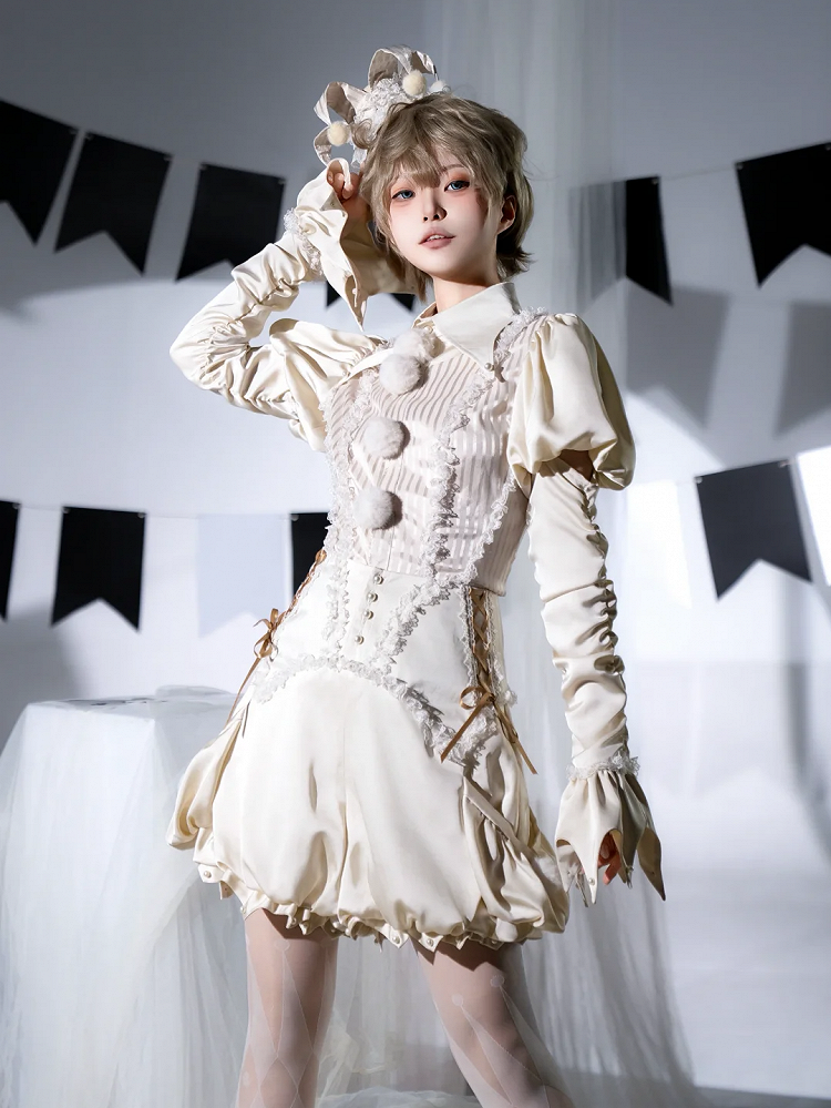 Circus Clown Vibes Ouji Lolita Outfit - Apricot Pointed Collar Shirt + Bloomer Shorts + Garters