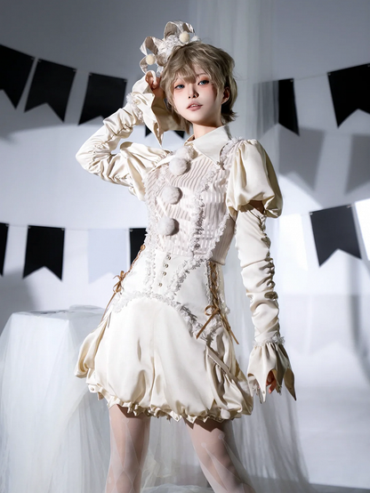 Circus Clown Vibes Ouji Lolita Outfit - Apricot Pointed Collar Shirt + Bloomer Shorts + Garters