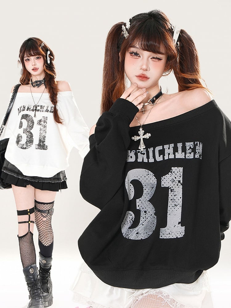Black/White Off-the-shoulder Neckline Number Print Summer Sweatshirt