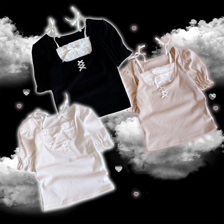 Jirai Kei Pink/White/Black Lace Trim Bowknot Details Puff Sleeves Blouse