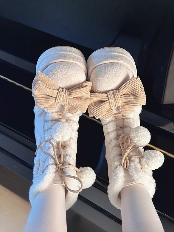 Sweet Apricot Winter Boots for Lolita - 6cm/8.5cm Platform Sole with Heart Applique & Pompom Charm Tie Decor