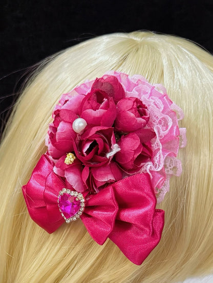Rose Red Floral Design Rhinestone Decorated Bowknot Hairclip