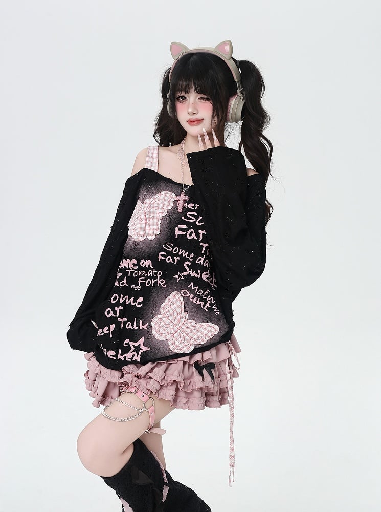 Sweet Pink Plaid Butterfly Appliques Asymmetrical Neckline Black/Apricot Top