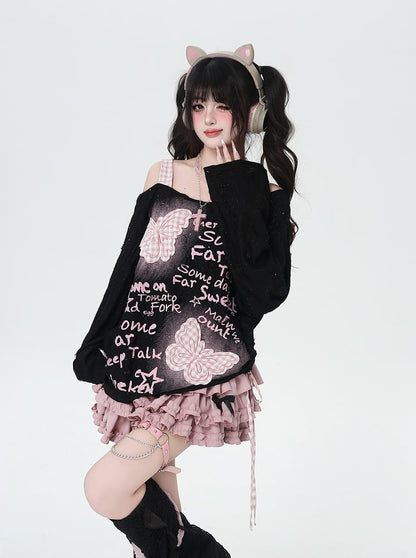 Sweet Pink Plaid Butterfly Appliques Asymmetrical Neckline Black/Apricot Top