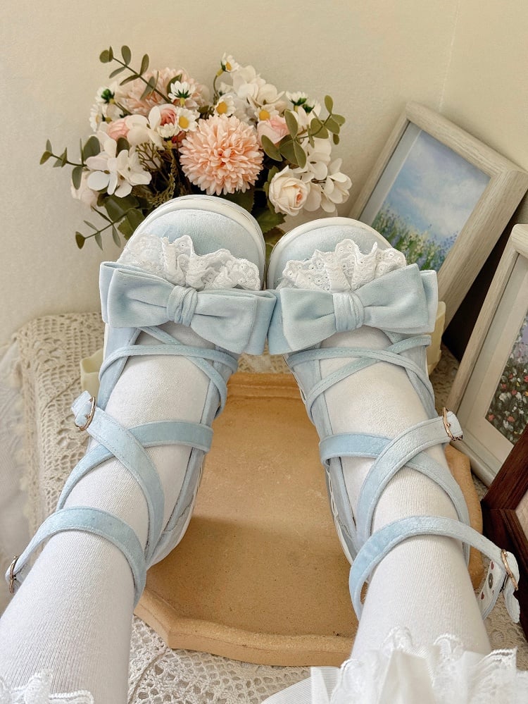 Velvet Blue Sweet Lolita Platform Mary Janes - Lace-Trimmed Bow, Heart Buckle & Crisscross Straps