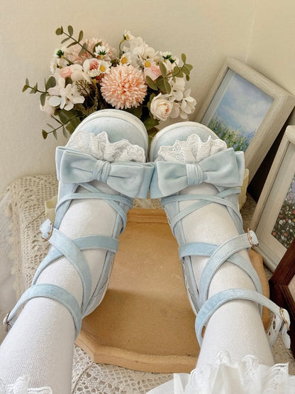 Velvet Blue Sweet Lolita Platform Mary Janes - Lace-Trimmed Bow, Heart Buckle & Crisscross Straps
