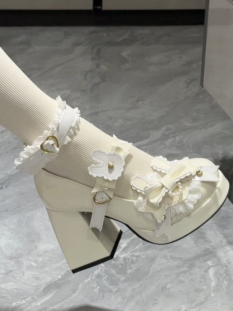 Polished White Sweet Lolita Bunny Decorated Bowknot Details Lace Trim Platform High Block Heels