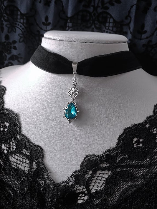 Blue/Green Rhinestone Victorian Gothic Black Velvet Choker