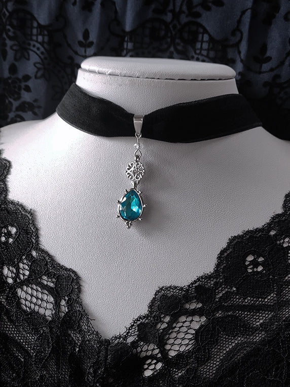 Blue/Green Rhinestone Victorian Gothic Black Velvet Choker