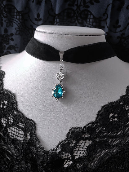 Blue/Green Rhinestone Victorian Gothic Black Velvet Choker