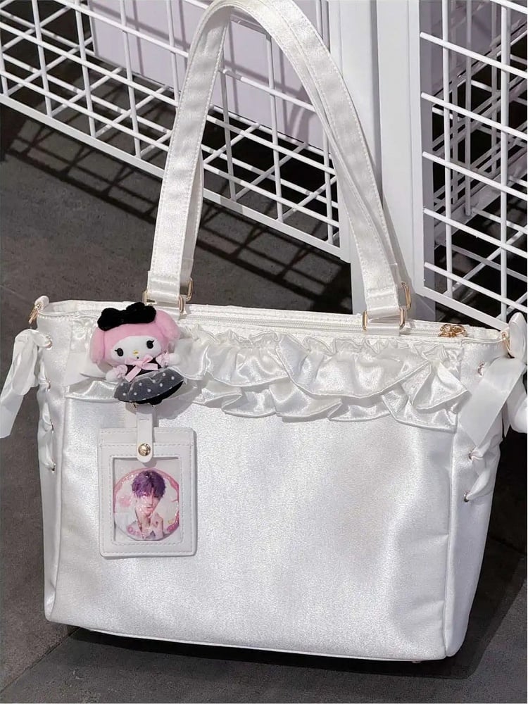 White Satin Ruffle Trims Self-tie Straps Ita Bag With Bow Card Holder