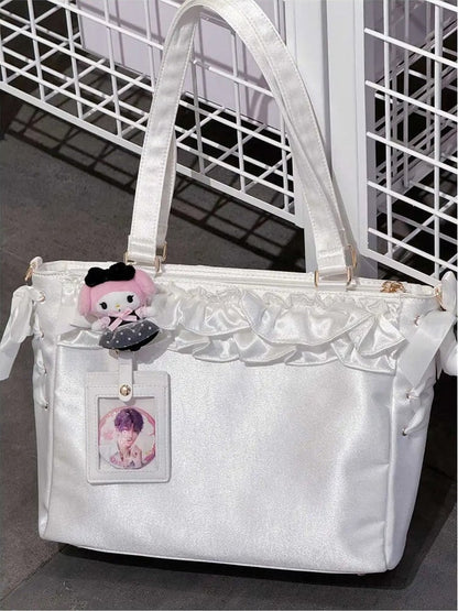 White Satin Ruffle Trims Self-tie Straps Ita Bag With Bow Card Holder