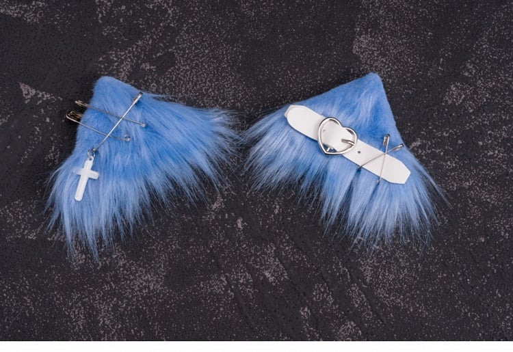 Pins and PU Buckle Blue and White Asymmetrical Kitty Ears Hairclips