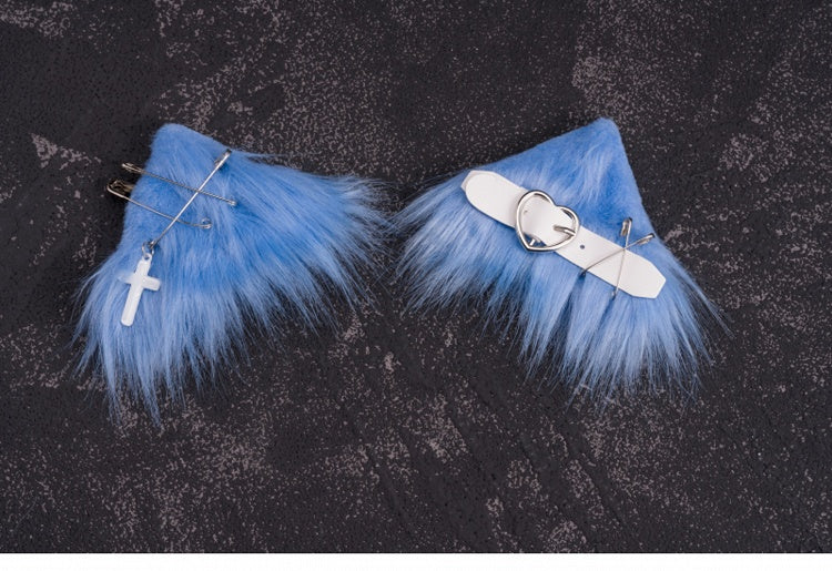 Pins and PU Buckle Blue and White Asymmetrical Kitty Ears Hairclips
