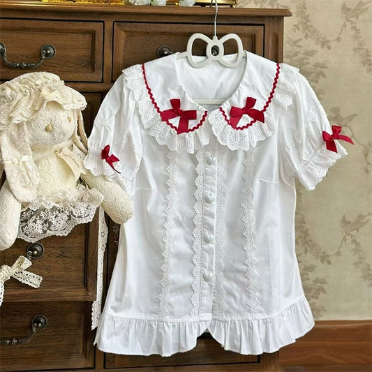 Red Bows White Round Flat Collar Short Sleeves Lolita Blouse
