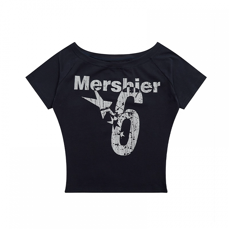 Navy Blue Asymmetrical Neckline Number Print Slim-fitting T-shirt