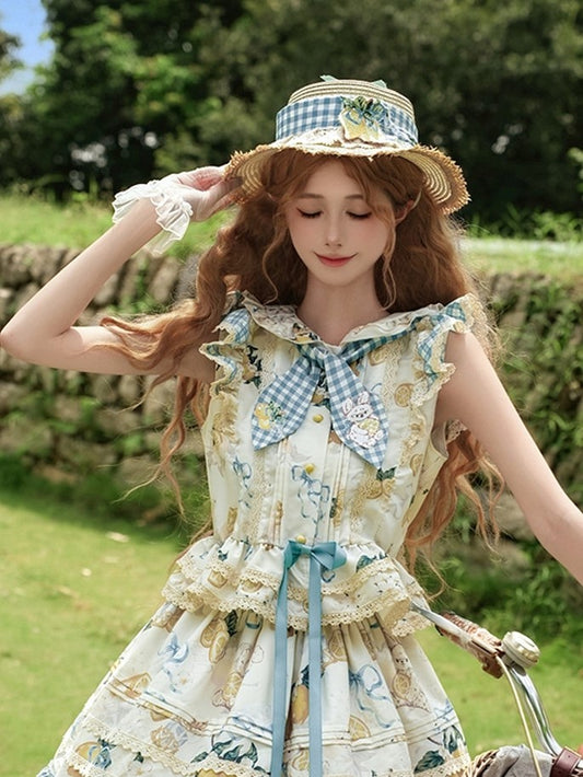 Blue Gingham Lolita Straw Hat with Lace and Lemon Decoration