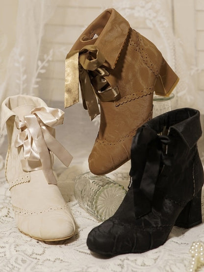 Mid-Heel Elegant Black Lolita Boots - Foldable Cuff with Inner Zip & Lace-Up Design