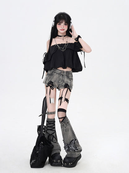 Dusty Gray Lace-up Details Hem Denim Shorts with Butterfly Applique Leg Warmers