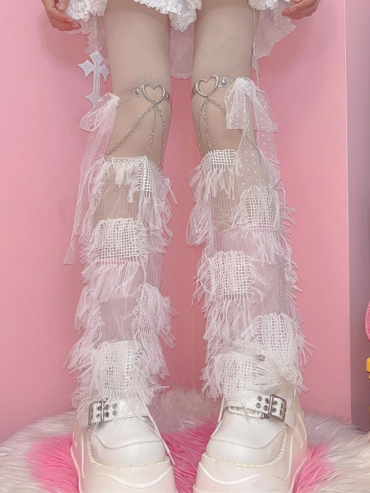 White/Black Y2K Tassels Leg Sleeves With Self-tie Strap Decorated Heart Garters