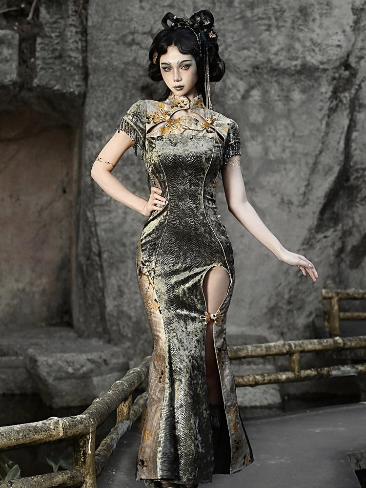 Cheongsam Collar Gothic Thigh-high Slit Qipao Dusty Green and Yellow