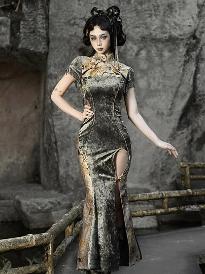 Cheongsam Collar Gothic Thigh-high Slit Qipao Dusty Green and Yellow