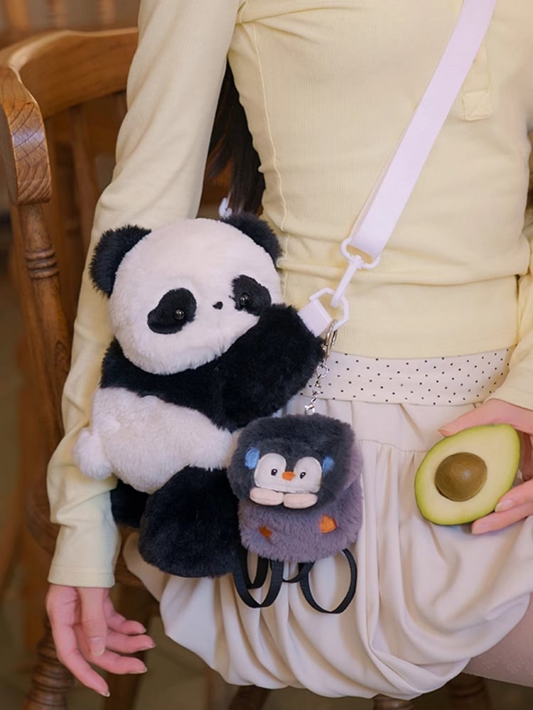 Cute Panda Plush Backpack/Crossbody Bag + Apple/Penguin Backpack Keychain