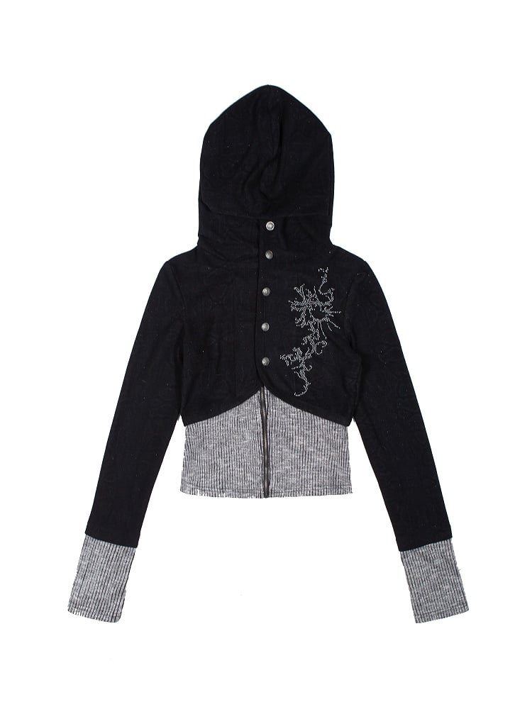 Black Punk Y2K Totem Rhinestone Hoodie Jacket with Gray Knit Hem & Cuffs