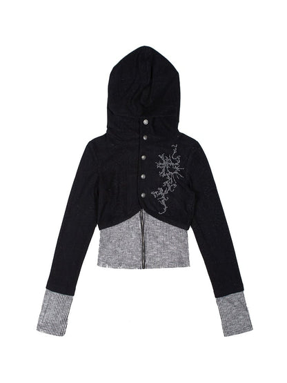Black Punk Y2K Totem Rhinestone Hoodie Jacket with Gray Knit Hem & Cuffs
