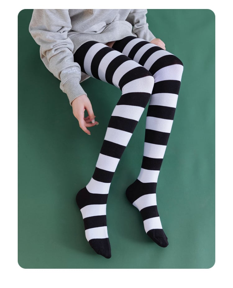Blue & White/Black & White Stripes Over Knee Stockings