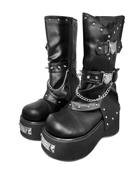 Punk Silver-tone Studs Black Gothic Platform Boots