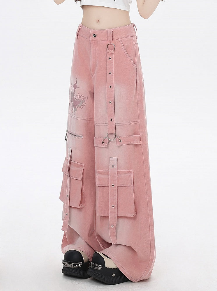 Pink Butterfly Print Strap Details Vintage Wide-Leg Cargo Jeans