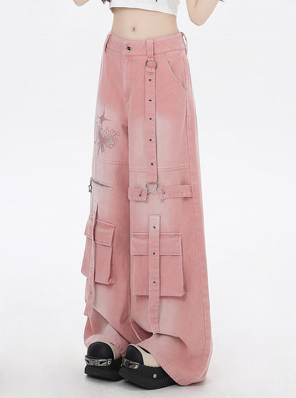 Pink Butterfly Print Strap Details Vintage Wide-Leg Cargo Jeans